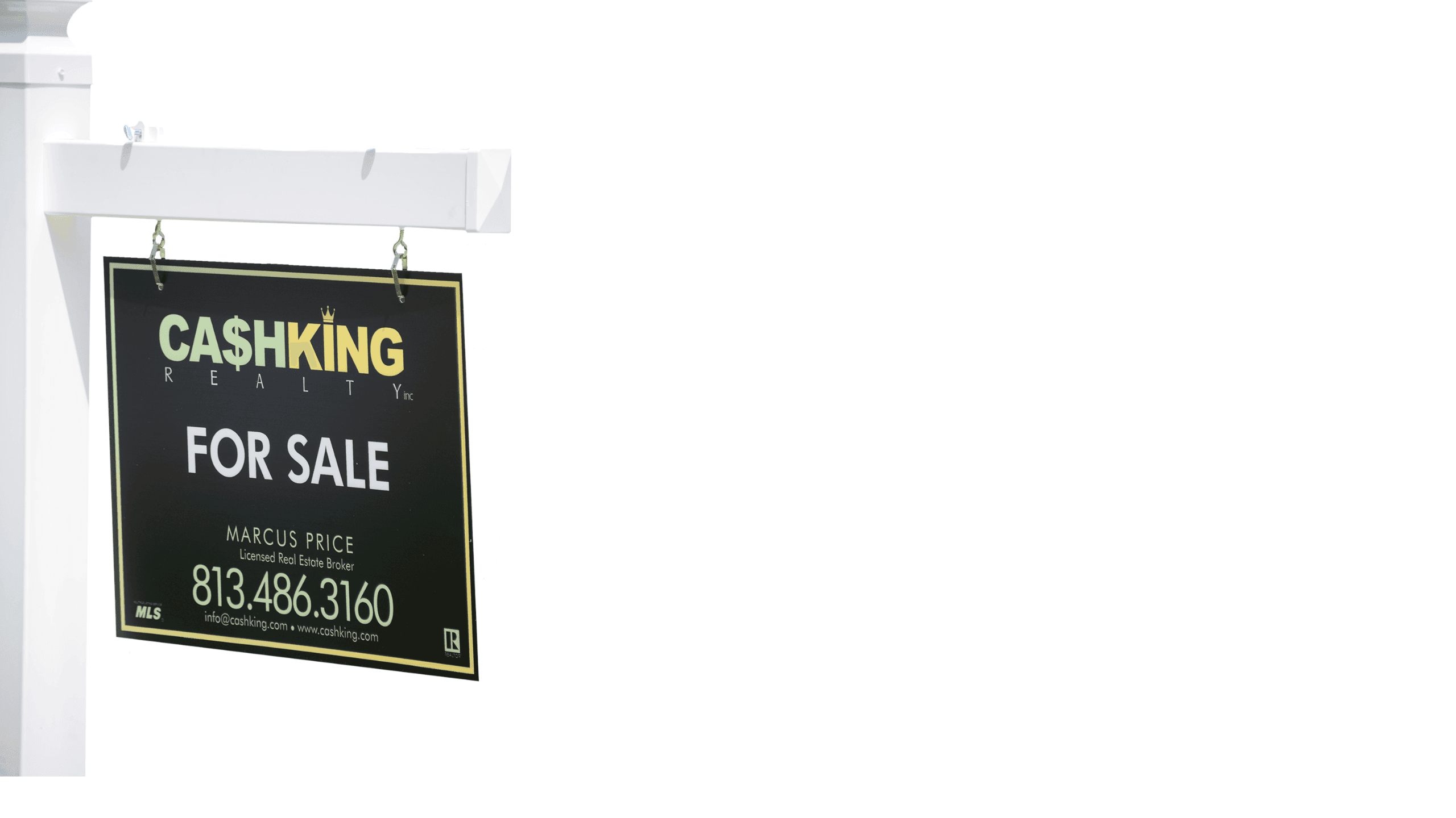 Cash King Realty For Sale sign listing broker Marcus Price and (813) 486-3160